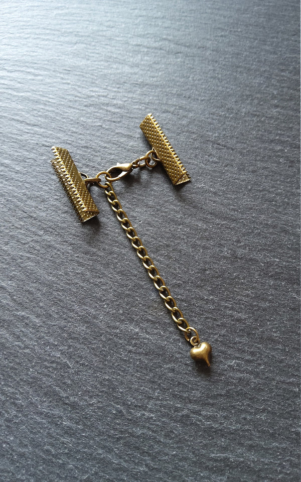 5 Antique Bronze Ribbon Crimps End Sets for Ribbon (Various Sizes) with HEART Extender Chain