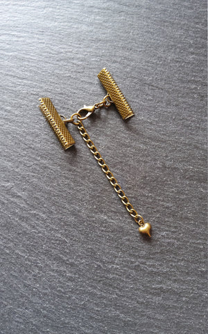 5 Antique Bronze Ribbon Crimps End Sets for Ribbon (Various Sizes) with HEART Extender Chain