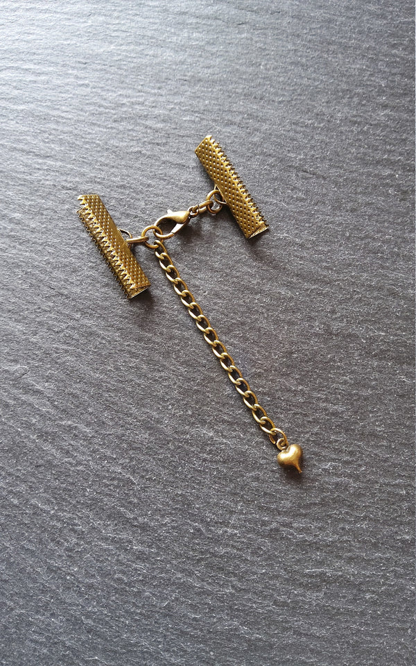 5 Antique Bronze Ribbon Crimps End Sets for Ribbon (Various Sizes) with HEART Extender Chain
