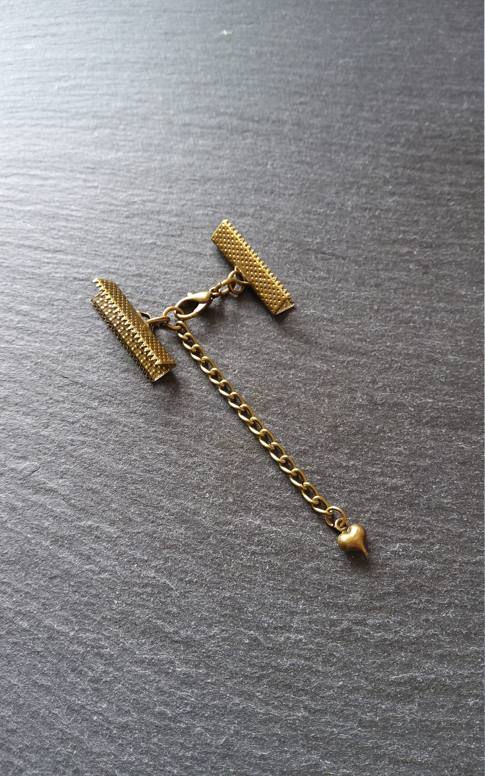 5 Antique Bronze Ribbon Crimps End Sets for 6mm, 8mm, 10mm, 13mm, 16mm, 20mm, 22mm, 25mm, 30 or 35mm Wide Ribbon with HEART Extension Chain