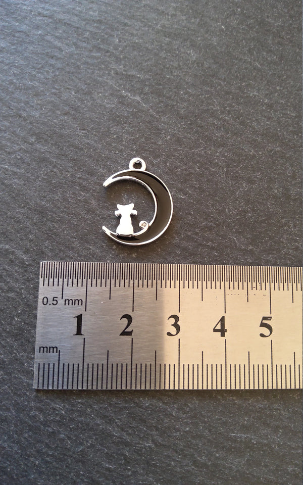 6 or 30 Cat & Crescent Moon Charms Silver Tone Alloy with Black Enamel 20x16mm - ContentedCatz