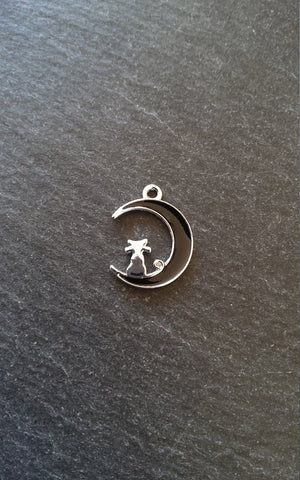 6 or 30 Cat & Crescent Moon Charms Silver Tone Alloy with Black Enamel 20x16mm - ContentedCatz