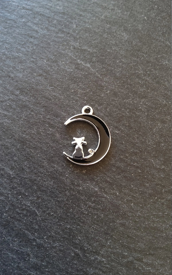 6 or 30 Cat & Crescent Moon Charms Silver Tone Alloy with Black Enamel 20x16mm - ContentedCatz