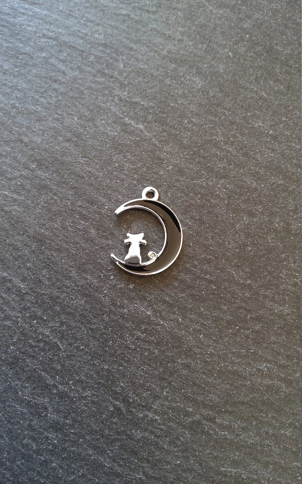 6 or 30 Cat & Crescent Moon Charms Silver Tone Alloy with Black Enamel 20x16mm - ContentedCatz