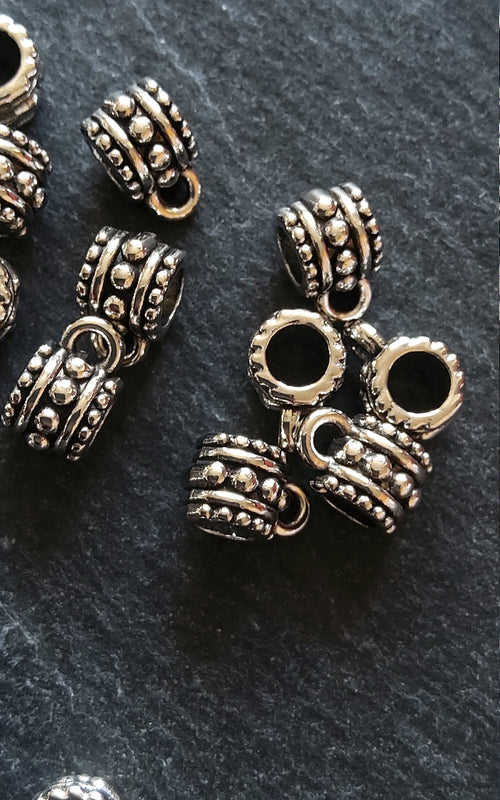 20 or 100 Bail Beads Antique Silver Tone Dot Patterned 7x7.5mm Large 5mm Hole Nickel FREE