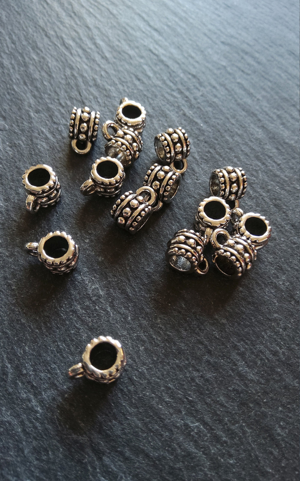 20 or 100 Bail Beads Antique Silver Tone Dot Patterned 7x7.5mm Large 5mm Hole Nickel FREE