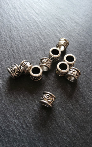 10 or 50 Antique Silver Tone 9mm Column Spacer Beads Scroll Design 9x7mm Large Hole: 5.4mm