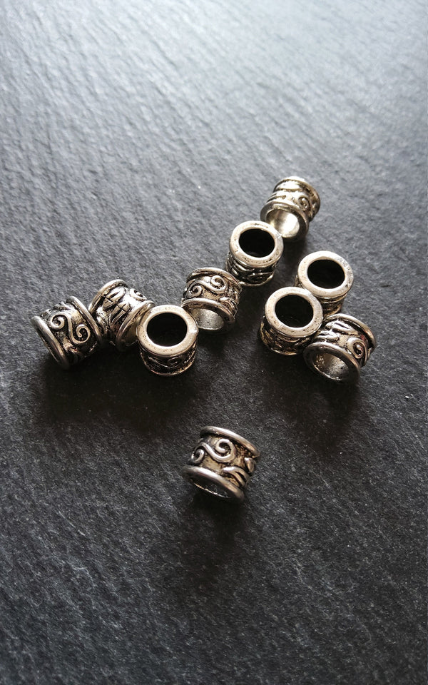 10 or 50 Antique Silver Tone 9mm Column Spacer Beads Scroll Design 9x7mm Large Hole: 5.4mm