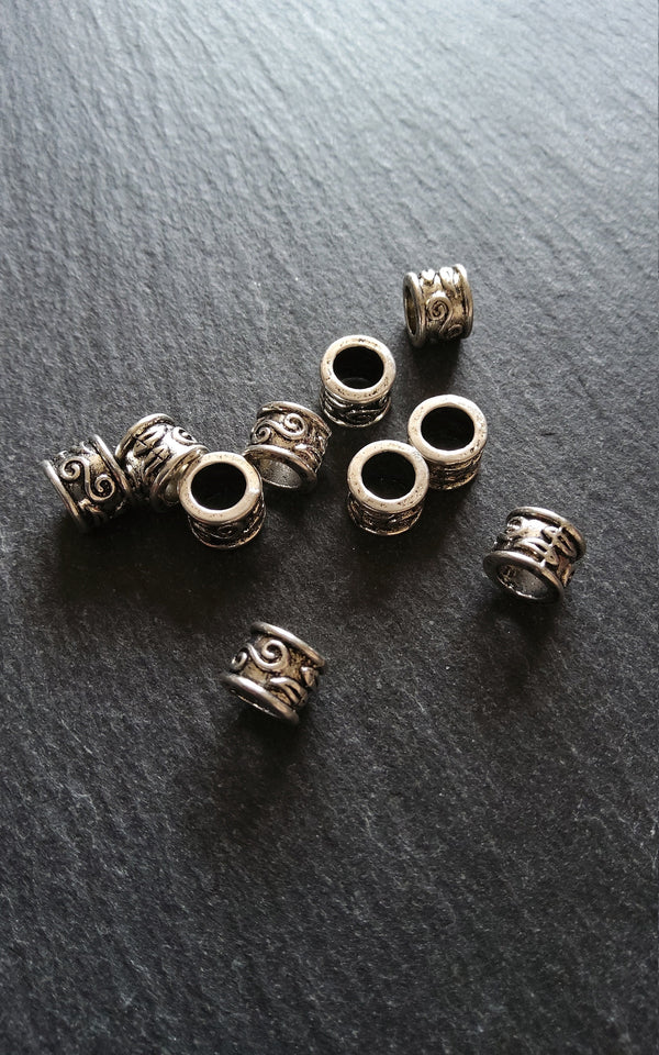 10 or 50 Antique Silver Tone 9mm Column Spacer Beads Scroll Design 9x7mm Large Hole: 5.4mm