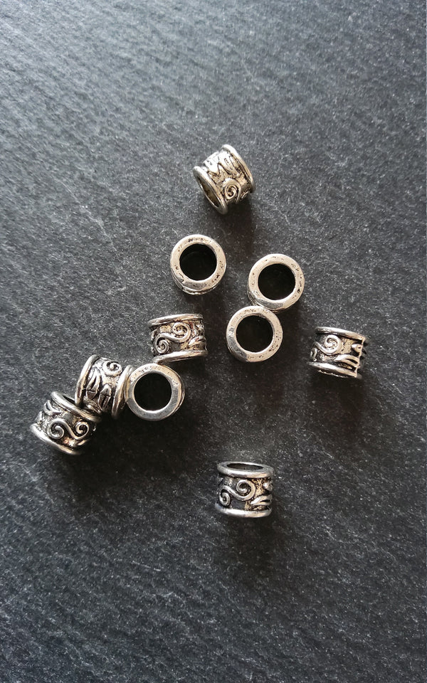 10 or 50 Antique Silver Tone 9mm Column Spacer Beads Scroll Design 9x7mm Large Hole: 5.4mm