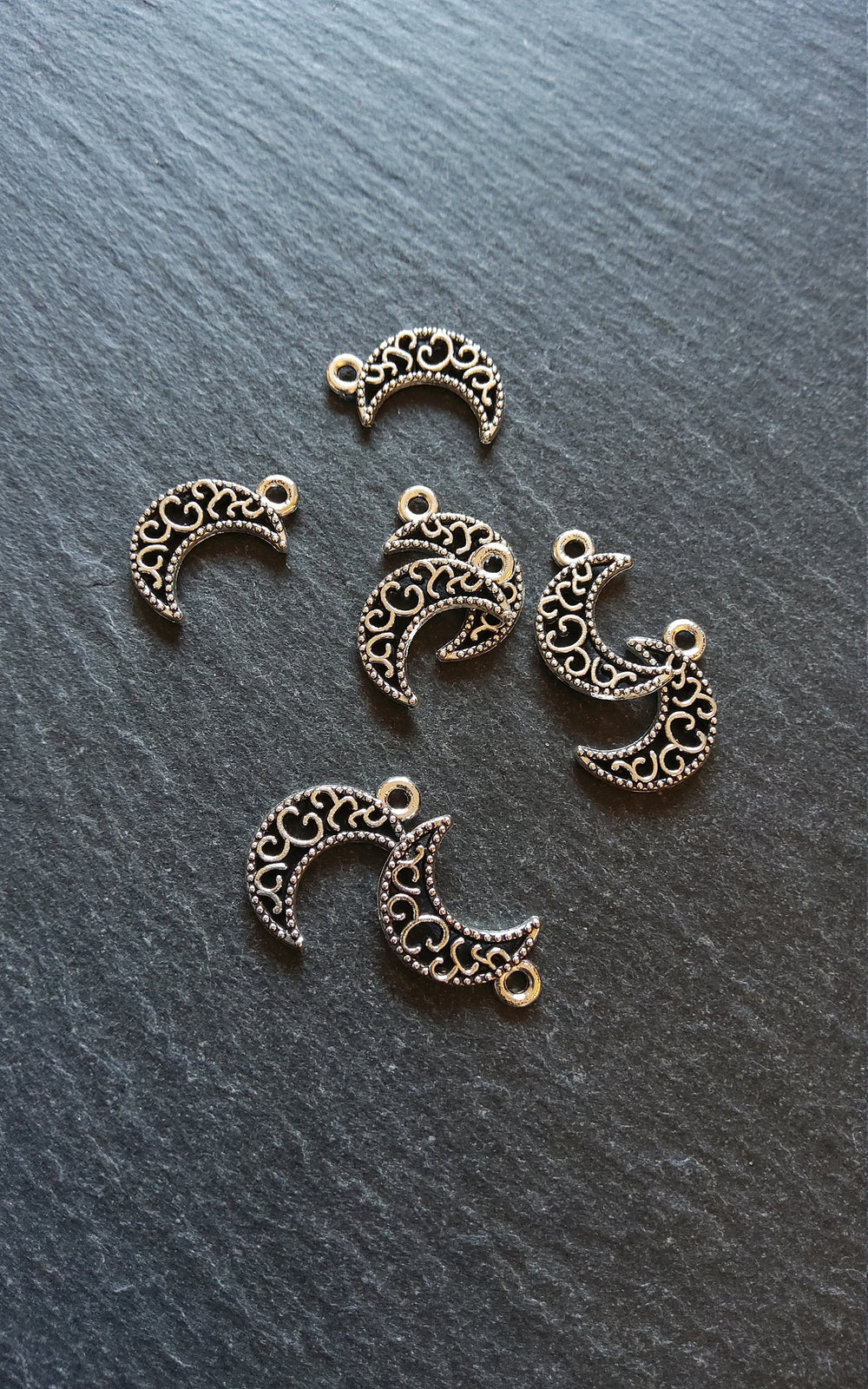 20 or 100 Crescent Moon Charms Pierced Design Silver Tone 18x11mm