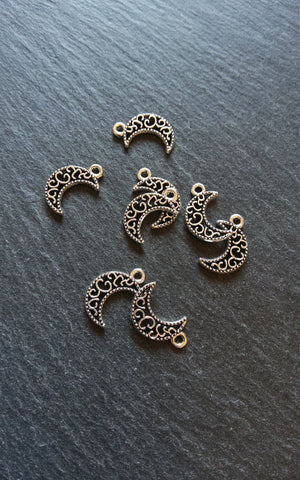 20 or 100 Crescent Moon Charms Pierced Design Silver Tone 18x11mm
