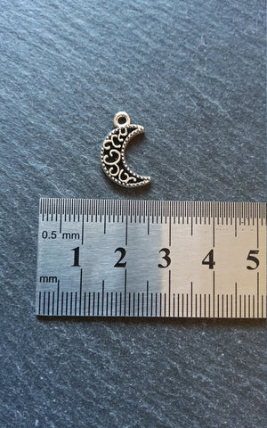 20 or 100 Crescent Moon Charms Pierced Design Silver Tone 18x11mm