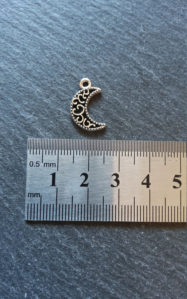 20 or 100 Crescent Moon Charms Pierced Design Silver Tone 18x11mm
