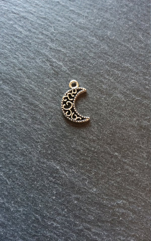 20 or 100 Crescent Moon Charms Pierced Design Silver Tone 18x11mm