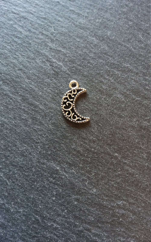 20 or 100 Crescent Moon Charms Pierced Design Silver Tone 18x11mm