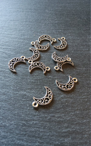 20 or 100 Crescent Moon Charms Pierced Design Silver Tone 18x11mm