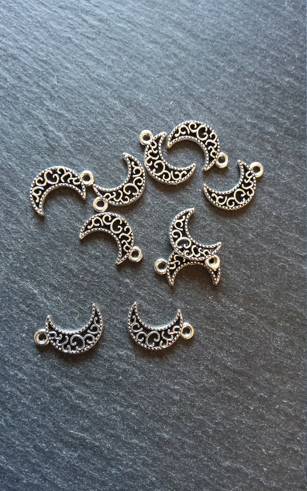 20 or 100 Crescent Moon Charms Pierced Design Silver Tone 18x11mm