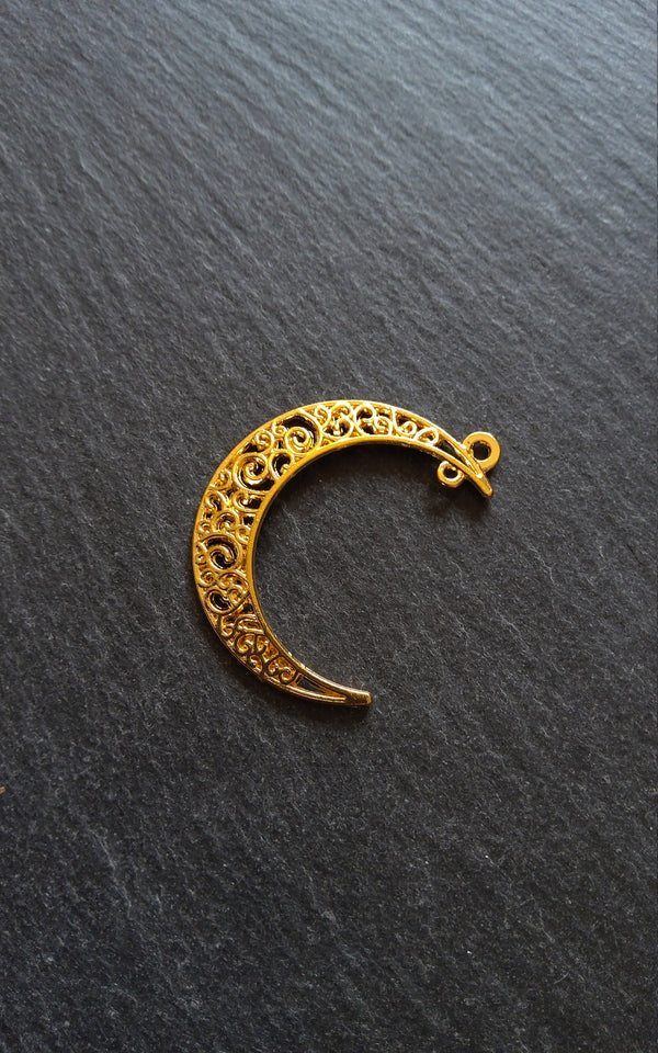 6 or 30 Crescent Moon Connector Pendants Pierced Design Bright Gold Tone 40x31mm