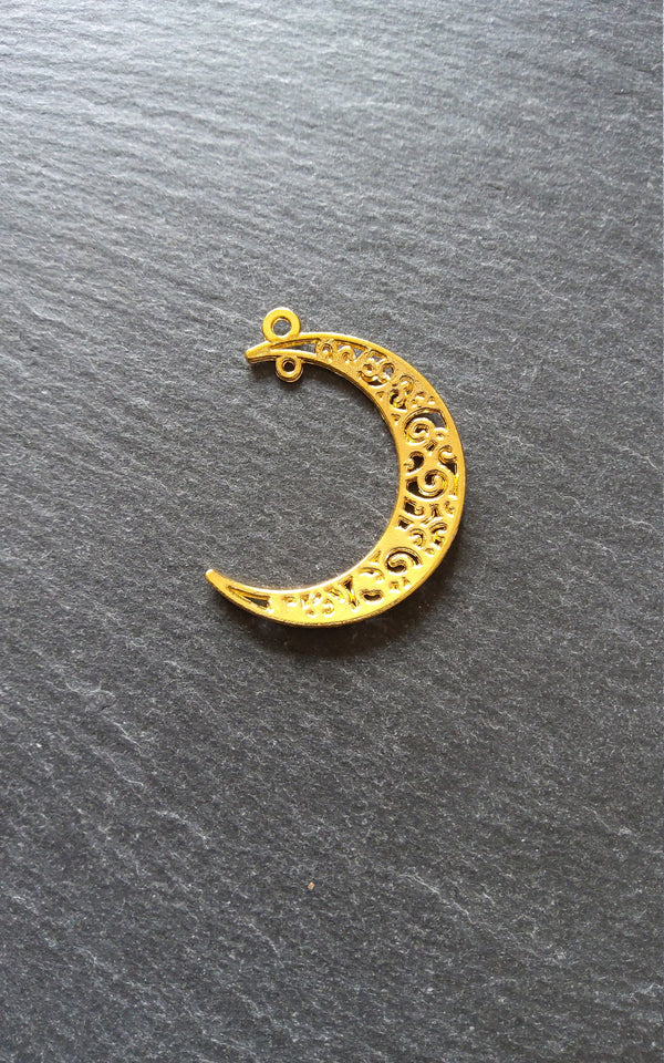6 or 30 Crescent Moon Connector Pendants Pierced Design Bright Gold Tone 40x31mm