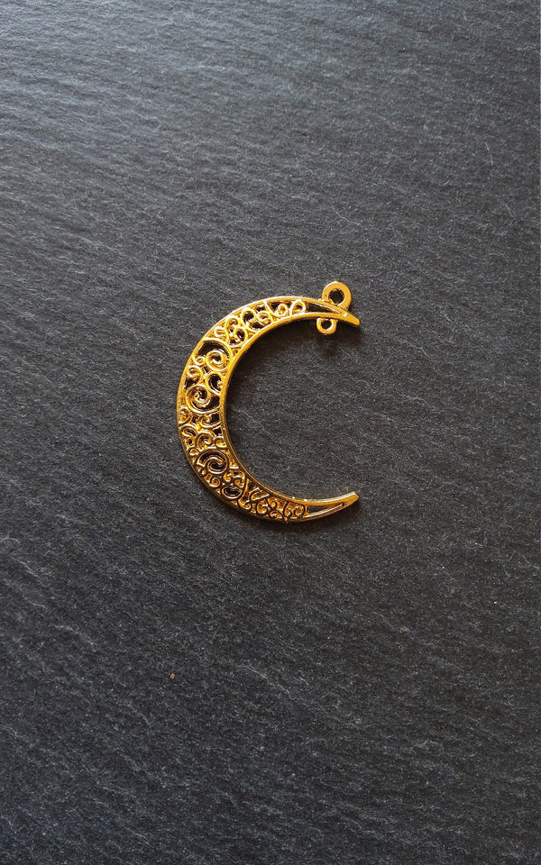 6 or 30 Crescent Moon Connector Pendants Pierced Design Bright Gold Tone 40x31mm