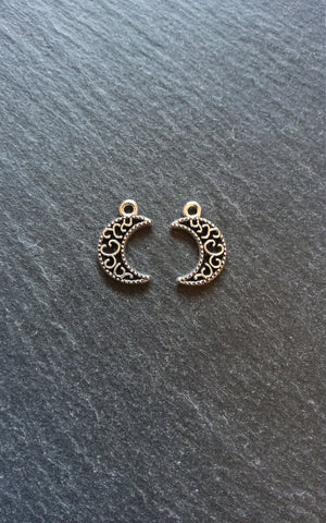 20 or 100 Crescent Moon Charms Pierced Design Silver Tone 18x11mm