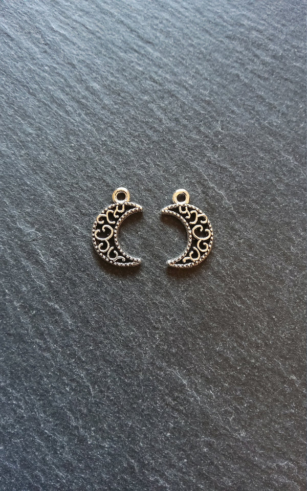 20 or 100 Crescent Moon Charms Pierced Design Silver Tone 18x11mm