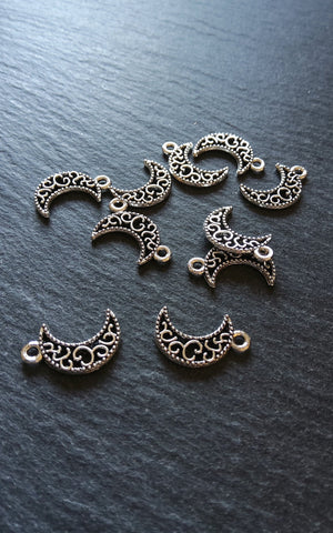 20 or 100 Crescent Moon Charms Pierced Design Silver Tone 18x11mm