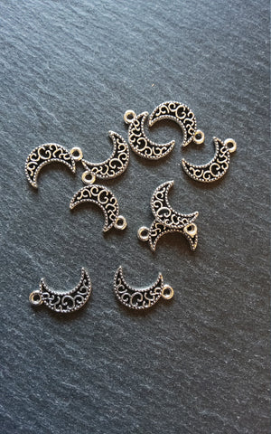 20 or 100 Crescent Moon Charms Pierced Design Silver Tone 18x11mm