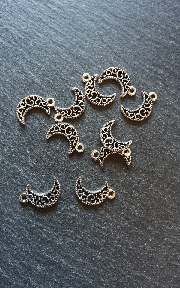 20 or 100 Crescent Moon Charms Pierced Design Silver Tone 18x11mm