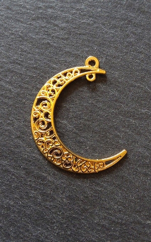 6 or 30 Crescent Moon Connector Pendants Pierced Design Bright Gold Tone 40x31mm