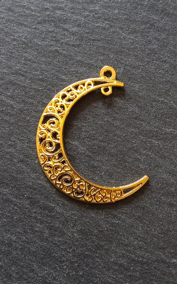 6 or 30 Crescent Moon Connector Pendants Pierced Design Bright Gold Tone 40x31mm