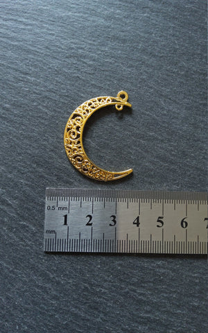 6 or 30 Crescent Moon Connector Pendants Pierced Design Bright Gold Tone 40x31mm