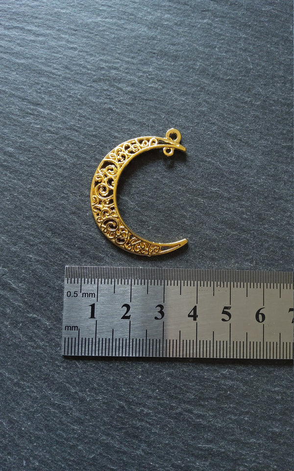 6 or 30 Crescent Moon Connector Pendants Pierced Design Bright Gold Tone 40x31mm
