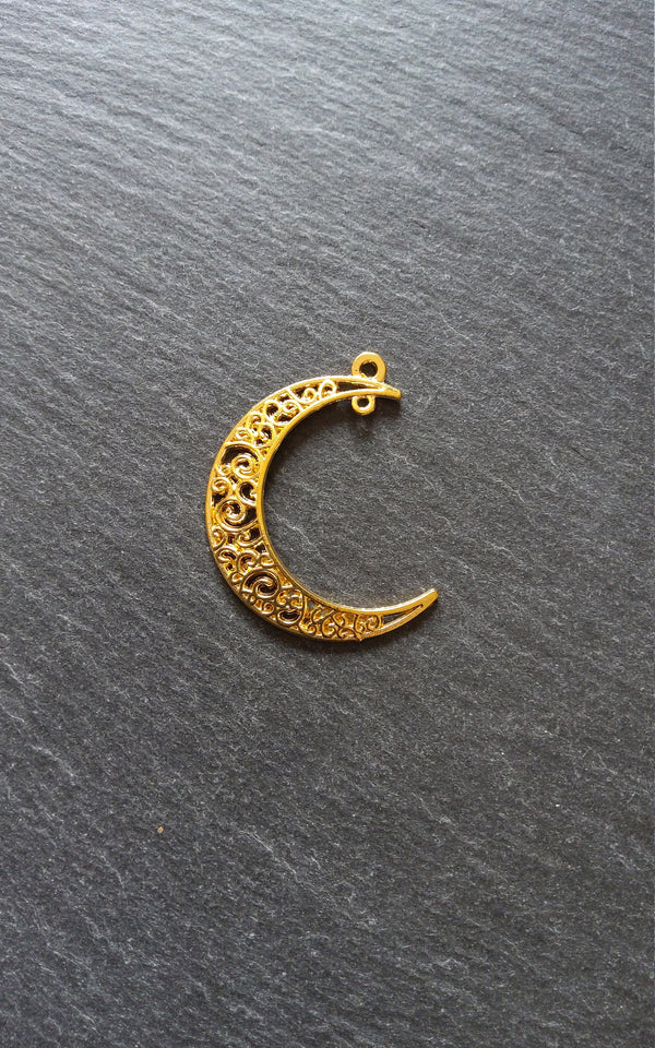 6 or 30 Crescent Moon Connector Pendants Pierced Design Bright Gold Tone 40x31mm