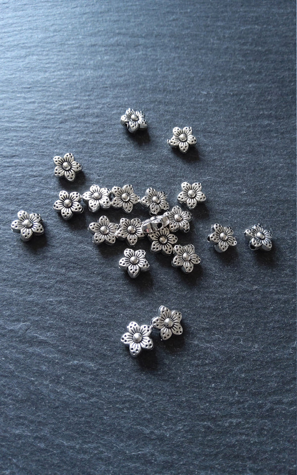 20 or 100 Antique Silver Tone 9mm Tibetan Flower Spacer Beads 9x5mm