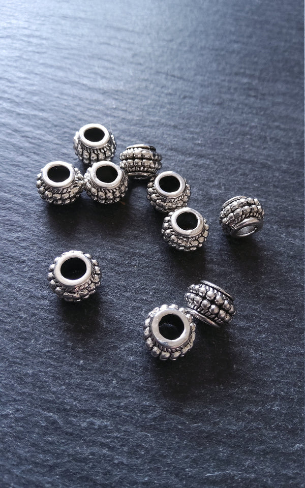 10 or 50 Barrel Lantern 9mm Antique Silver Tone Spacer Beads with Dots 9x7mm Large 4.5mm Hole - ContentedCatz