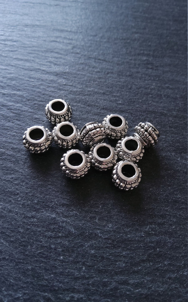 10 or 50 Barrel Lantern 9mm Antique Silver Tone Spacer Beads with Dots 9x7mm Large 4.5mm Hole - ContentedCatz