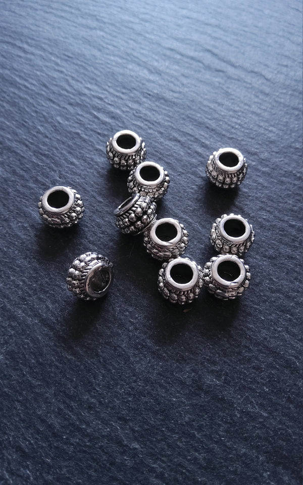 10 or 50 Barrel Lantern 9mm Antique Silver Tone Spacer Beads with Dots 9x7mm Large 4.5mm Hole - ContentedCatz