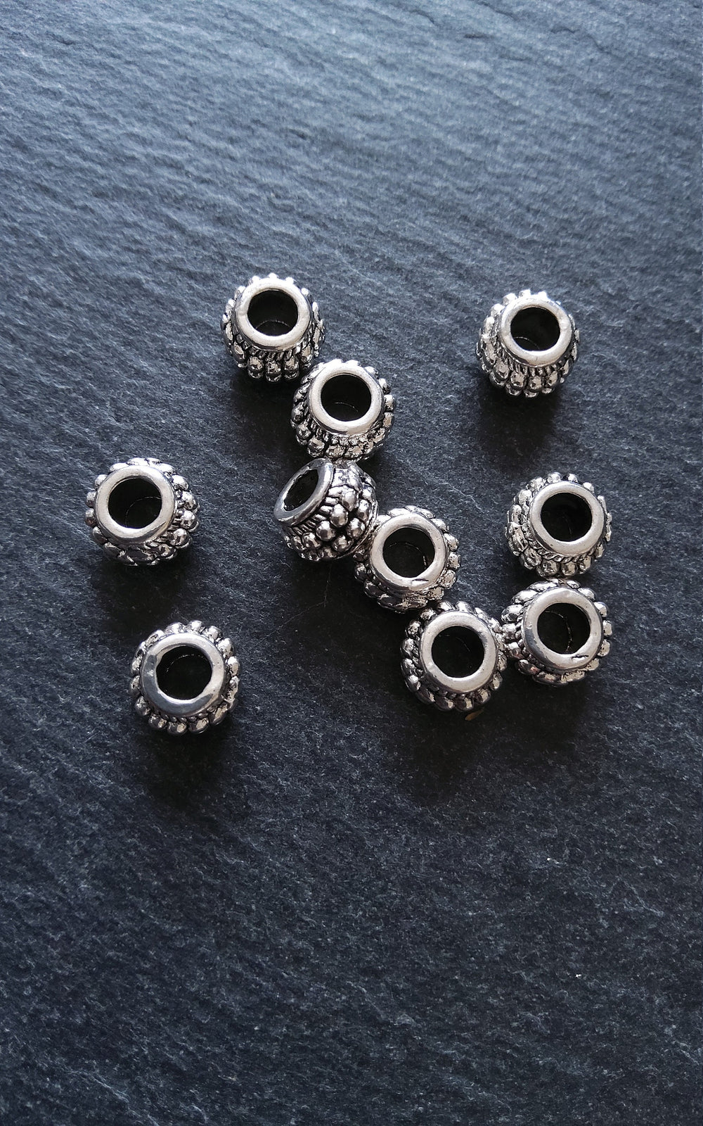 10 or 50 Barrel Lantern 9mm Antique Silver Tone Spacer Beads with Dots 9x7mm Large 4.5mm Hole - ContentedCatz