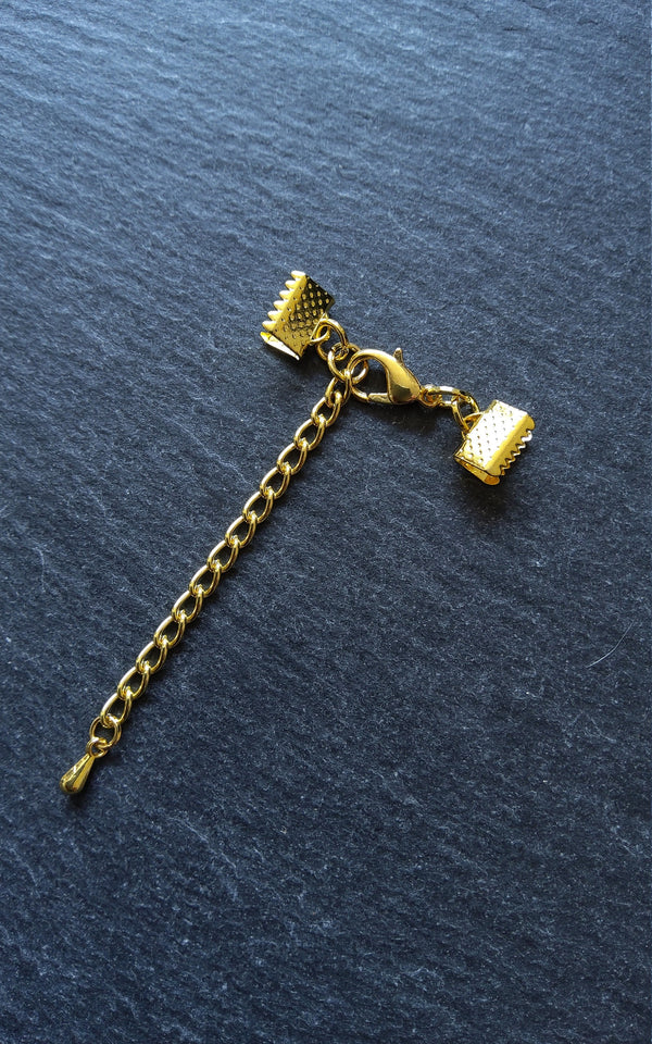 Pack of 5 Gold Plated Crimp End Sets for Ribbon, Various Sizes