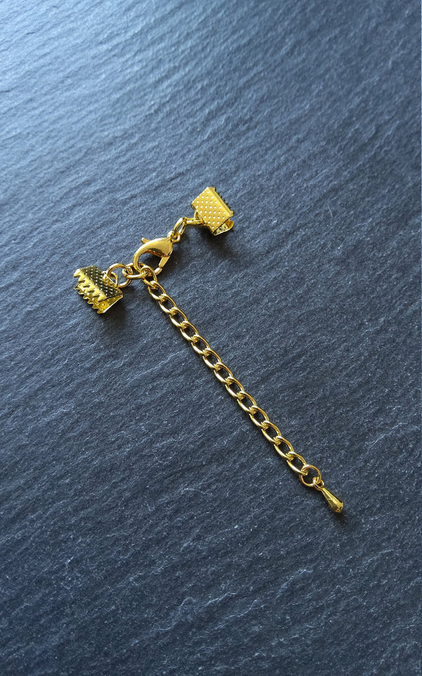Pack of 5 Gold Plated Crimp End Sets for Ribbon, Various Sizes