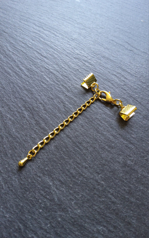 Pack of 5 Gold Plated Crimp End Sets for Ribbon, Various Sizes