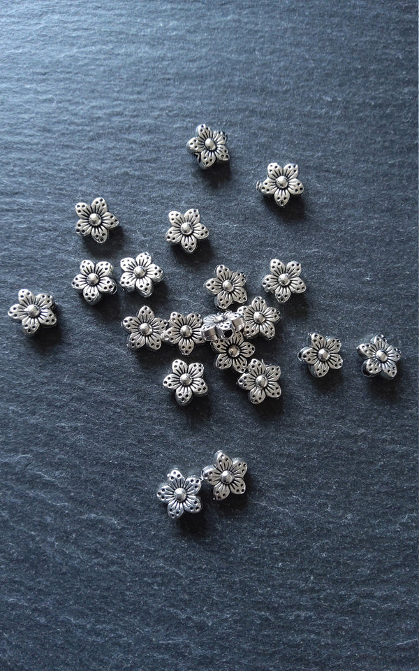 20 or 100 Antique Silver Tone 9mm Tibetan Flower Spacer Beads 9x5mm