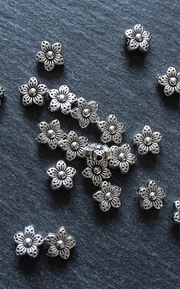 20 or 100 Antique Silver Tone 9mm Tibetan Flower Spacer Beads 9x5mm