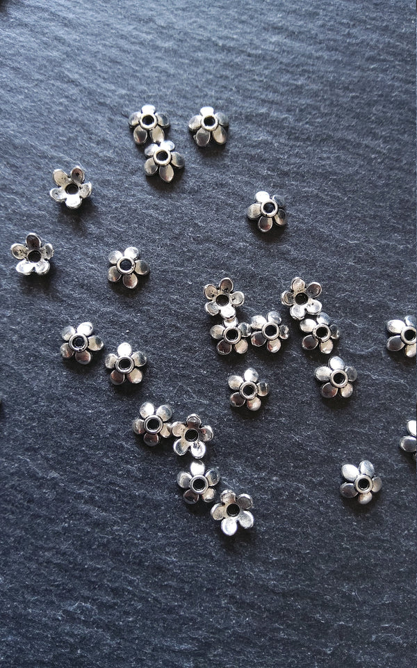 100 or 400 Flower Bead Caps 6mm Antique Silver Tone