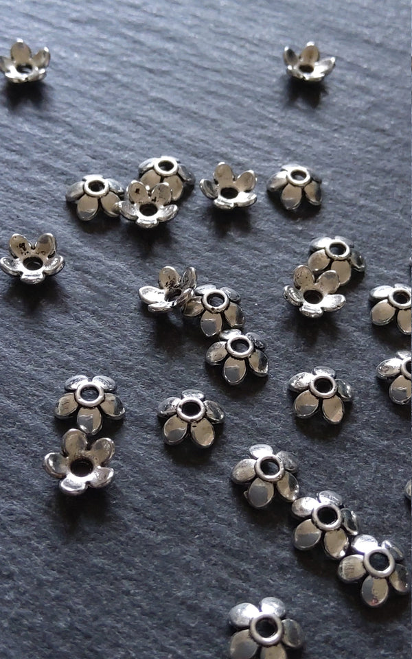 100 or 400 Flower Bead Caps 6mm Antique Silver Tone