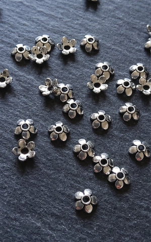 100 or 400 Flower Bead Caps 6mm Antique Silver Tone