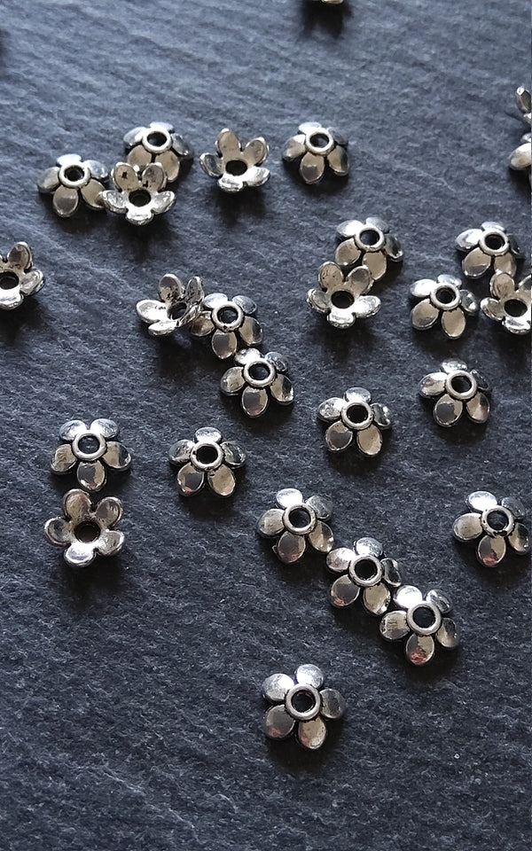 100 or 400 Flower Bead Caps 6mm Antique Silver Tone