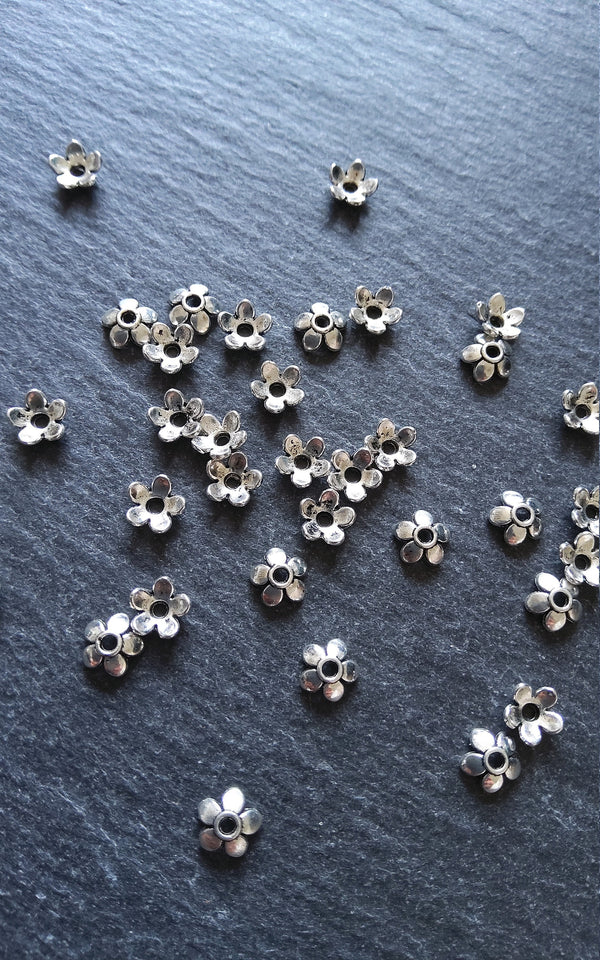 100 or 400 Flower Bead Caps 6mm Antique Silver Tone